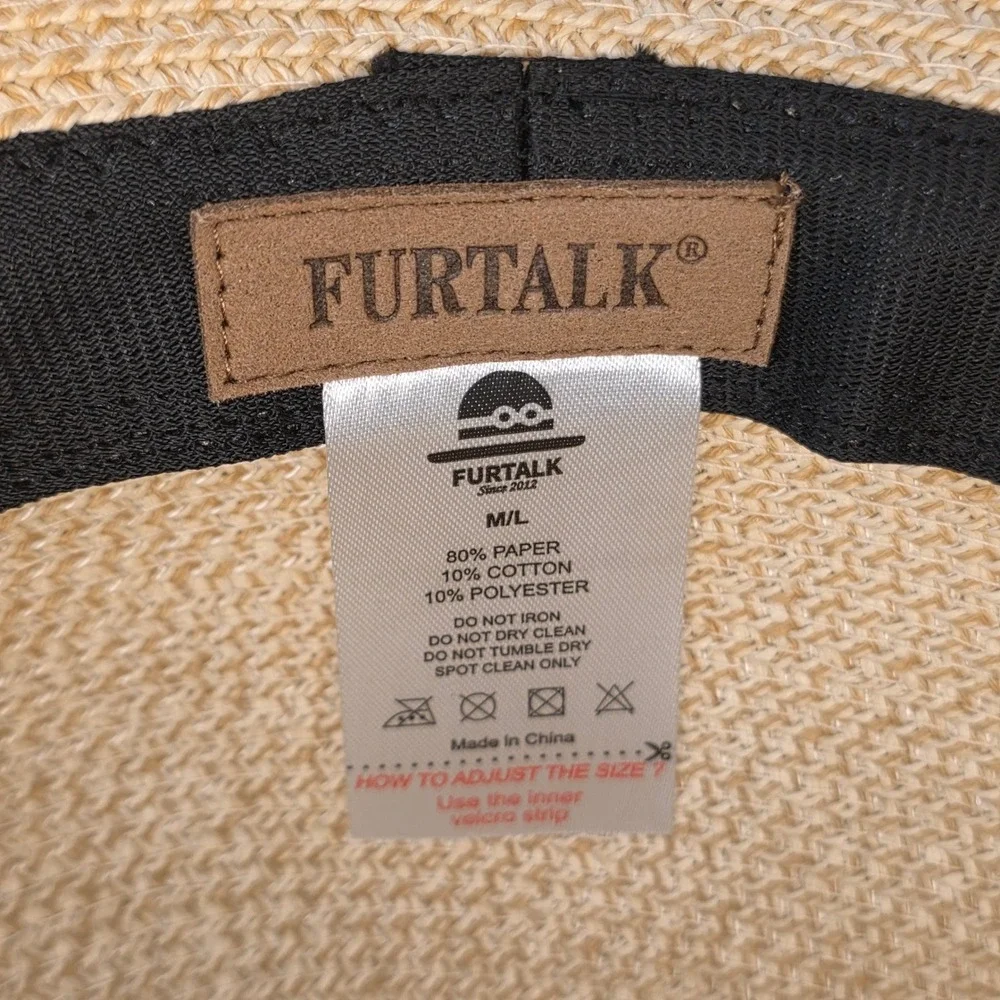 Furtalk Womens M/L Woven Straw Wide Brim Sun Hat White Ribbon Adjustable Strap
